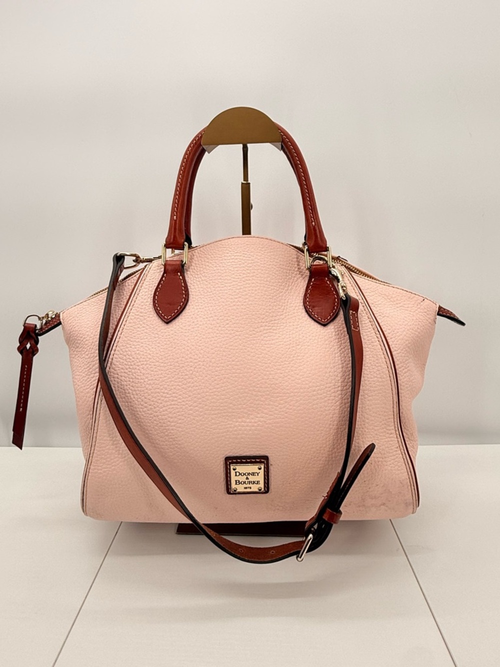 Dooney & Bourke Pebbled Leather Satchel Tote Pink Brown Trim
